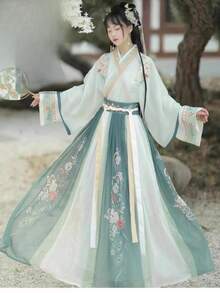 2025 オリジナル本物の魏晋漢服婦人服中国風クロスネック腰丈ルースカートスーツ日常古代衣装ドレス赤、スカイブルー、ライトグリーンオプションの春と秋の漢要素衣装 - レッド - チェックする 5