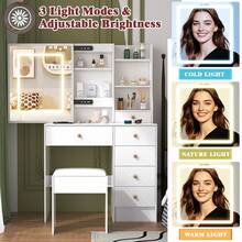 Makeup Dressing Table With Mirror, Modern Wood Vanity Desk, 6 Drawers And Storage Shelves, 3 Color Modes Adjustable Brightness, LED Lights Mirror Makeup Table, Bedroom Furniture, Valentine's Day Birthday Gift For Women - trắng - Xem 5