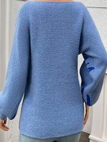 Womens Knit Tops Fall Lantern Long Sleeve Off Shoulder Loose Fit Contrast Color Pullover Sweater - Blue - View 4