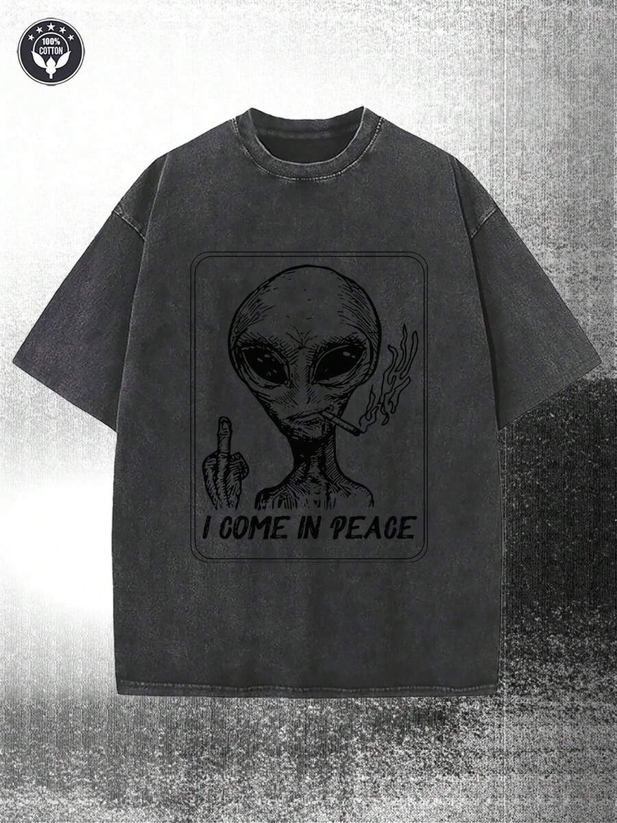 230g Water Washed, I Am A Black Alien Printed Men's T-Shirt, High-Quality Wax Printed Cotton All Season Casual T-Shirt, Street Or Outdoor, Perfect Gift For Holidays - màu đen - Xem 1