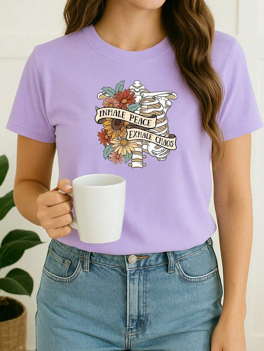Women's Babylook T-Shirt Old School Skeleton Rib Flowers Phrase Swag Streetwear Minimalist Printed 100% Cotton Various Colors Cute Tumblr Blogger - 紫色 - 查看 1