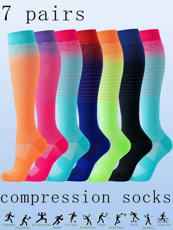 7 pares de calcetines de compresión con líneas de color degradado para hombres y mujeres, de colores brillantes, cómodos y transpirables, ideales para uso casual en el hogar, actividades al aire libre, fitness, running y ciclismo, adecuados para todas las estaciones