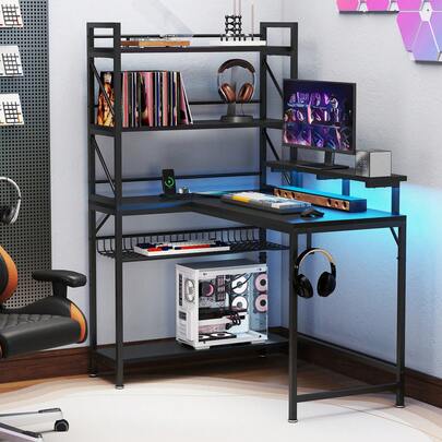 L Shaped Desk With LED Lights & Power Outlets, Gaming Desk Corner Desk With Shelves 106cm, Reversible Computer Desk With Storage Shelves -By GeoTower
