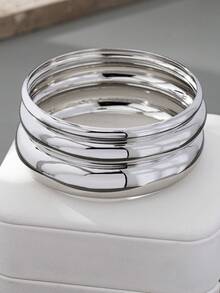 Set de 3 piezas de pulseras circulares de lujo, set de joyas de moda con textura martillada, adecuado para galas, citas, fiestas, reuniones y regalos festivos de mujer - Plateado - Ver 4