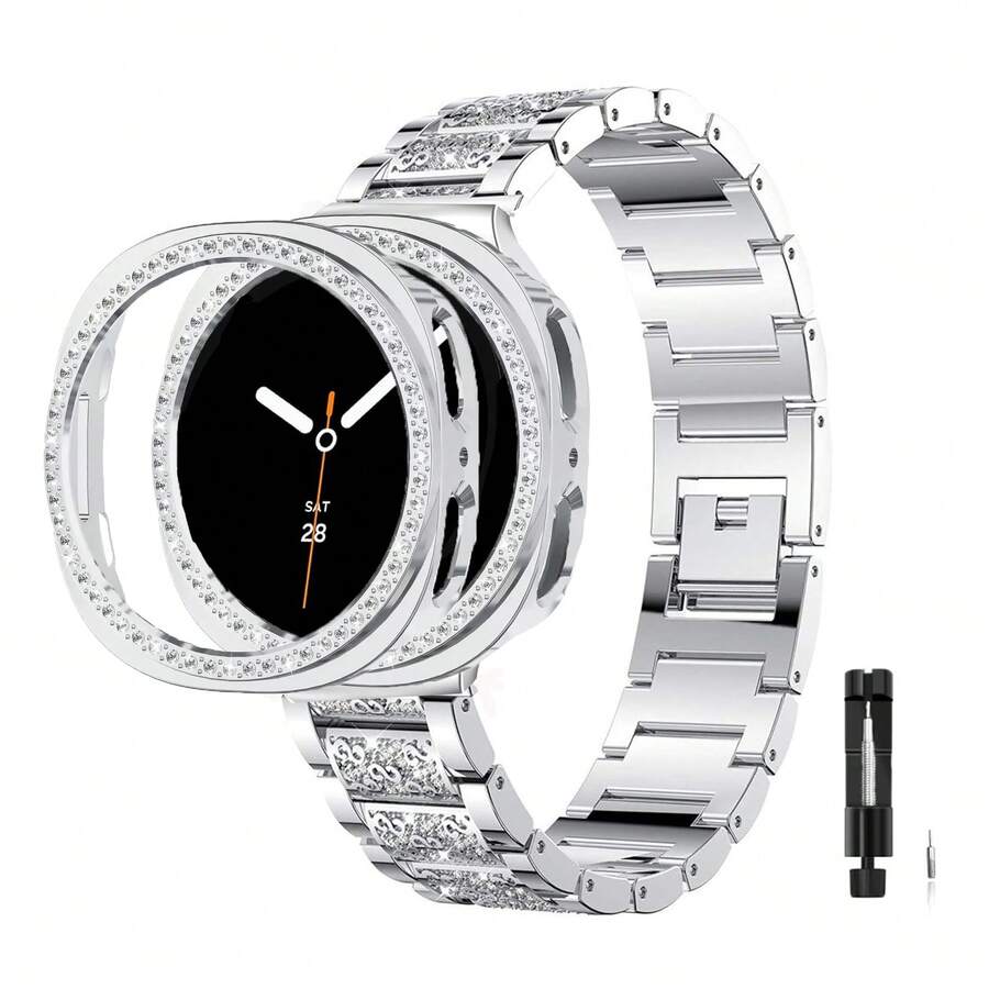 1条女士闪亮水钻金属表带 + 1个闪亮表壳,兼容三星Galaxy Watch 8 40mm/44mm,兼容Galaxy Watch 7 40mm/44mm - 銀色 - 查看 1