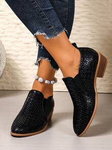 Black Pointed Toe Chunky Heel Slip-On Shoes, Asymmetrical Plaid Pattern, Versatile For Party And Daily Wear, Non-Slip, Fashionable High Heels For Women, Autumn/Winter,Shoes - Black - View 5