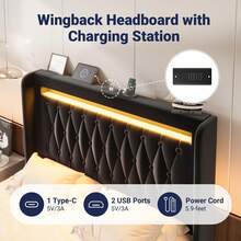 Allewie Upholstered Full/Queen/King Platform Bed Frame With LED Light And Charging Station, Button Tufted High Headboard, Wingback Design, Noise Free, Easy Assembly, No Box Spring Needed, Black - View 4