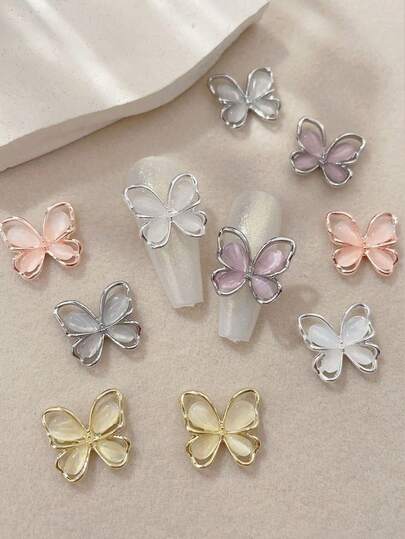 10 Phụ kiện trang trí móng tay hình bướm mắt mèo bằng hợp kim, phụ kiện trang trí móng tay bằng bạc và vàng tự làm, đá quý trang trí móng tay phù hợp cho móng acrylic, trang trí móng tay hàng ngày và lễ hội