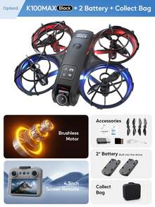 AXNEN 全新K100MAX四轴飞行器无人机，配备FPV图传、超大遥控器屏幕、720P高清摄像头和螺旋桨保护罩。功能包括光流悬停、智能避障、速度调节和炫酷灯光效果。是万圣节和圣诞节的完美礼物。