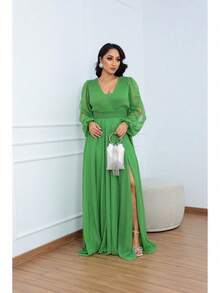 Vestido Feminino Longo Tule Aurora com Brilho Manga Longa - Verde Lima - Visão 2