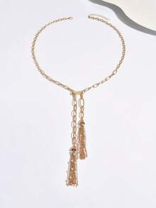 1pc Fashionable Metal Style Minimalist Creative Metal O-Shape Chain Link With Faux Pearl Tassel Dual Pendant Y-Necklace, Suitable For Daily Wear, Party, And Festivals - Golden - View 2