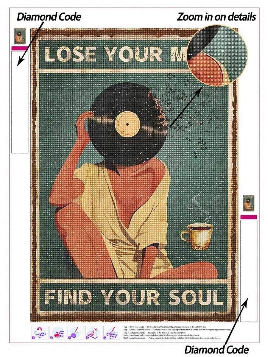| 5D DIY Diamond Painting | Vintage Vinyl Record Rhinestones Full Mosaic Crafts Kit. "Lose Your Mind, Find Your Soul" HD Wall Art Diamond. Gift Diamond Painting, Concentrate And Calm Your Mood Through DIY. - Multicolor - View 1