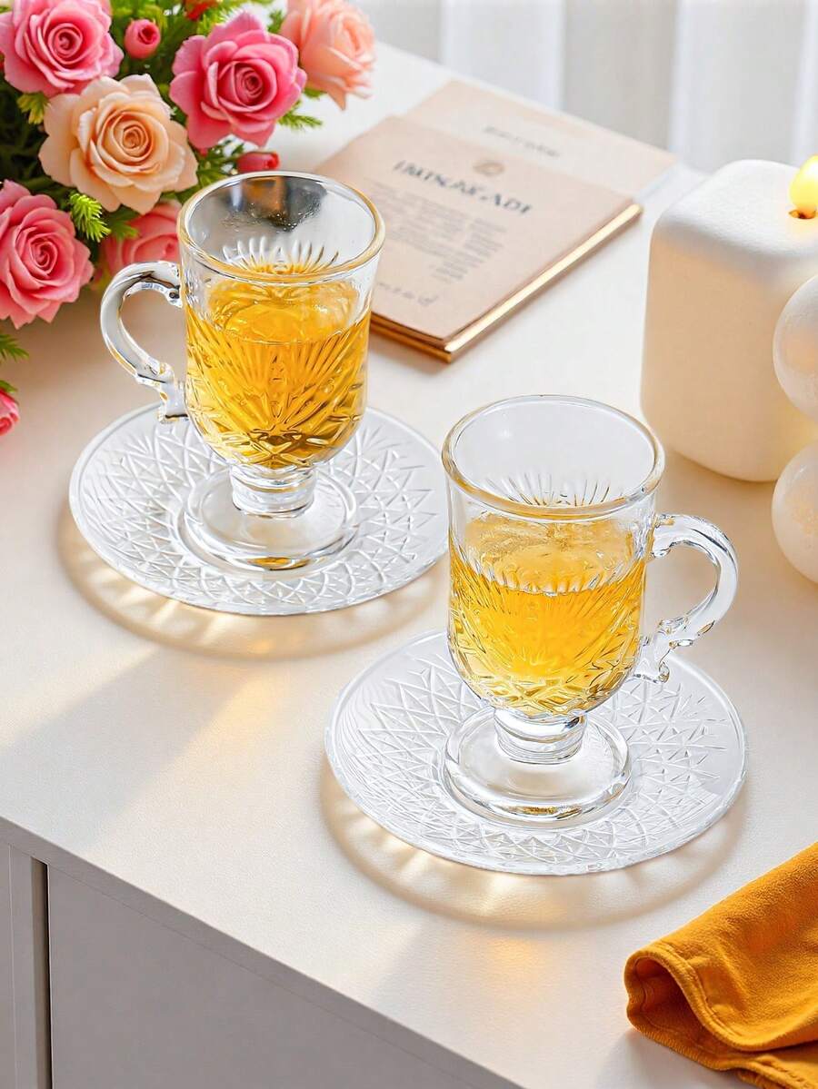 Set da 6 pezzi, Set di tazze da tè turche, Set di tazze da tè marocchine dorate eleganti in stile arabo, include 6 tazze, 6 piattini con cucchiaini da caffè dorati, adatto per feste e tè pomeridiano - trasparente - Visualizzare 1
