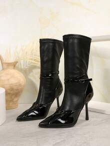 Pointed Toe Mid-Calf Boots For Women, Thin Heels, Autumn/Winter New Design, Criss-Cross Straps, High Heels, Slim Fit - Black - View 3