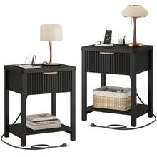 GIKPAL Fluted Nightstand With Charging Station Set Of 2 - Boho Bedside Table For Bedroom, Drawer + Open Shelf, White Modern Night Stand With USB/Type-C Ports, Black - Xem 2