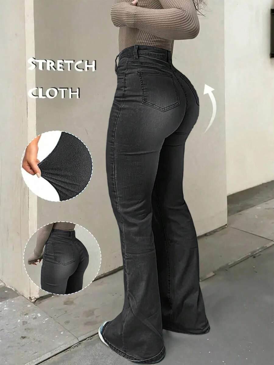 Bootcut Women Jeans With Pockets And Zippers, Stylish StretchStretching And Lifting Buttocks To Modify Leg Shape, Women's Flared Jeans - Black - View 1