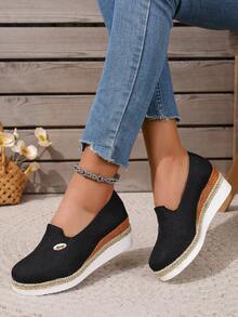 Casual Elegant Round Toe Solid Color High Heel Low Vamp, Comfortable Versatile Woven Wedge Shoes For Women
