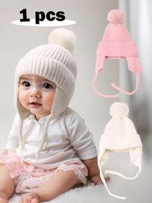 1 pezzo Berretto neonato con pon pon bianco, cappello per neonati e bambini piccoli, con paraorecchie, maglia calda e carina, accessorio per esterno, cappello invernale per bambini - Multicolore - Visualizzare 2