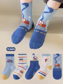 5 Pairs Kids Boys' Cartoon Car Print Crew Socks (1-12 Years Old) - Soft And Simple Mid-Calf Socks Suitable For Boys, Versatile For Student, Casual Street Style, Suitable For All Seasons Outdoor And Daily Wear
