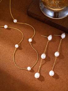 1 Set Dainty Faux Pearl Beaded Necklace Long Pearl Earring For Women,Elegant Thin Chain Link Choker,Light Luxury Jewelry For Bride Wedding/Summer Vacation/Anniversary/Valentin's Day/Christmas