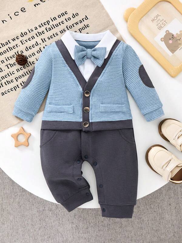 Conjunto de bautizo para niño - Mono con chaleco azul claro y corbata desmontable de manga larga para caballero (1-18M)
