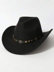 1 pieza Sombrero de fieltro de ala ancha con forma de corazón de unicolor para mujer, decorado con hebilla de cinturón de cabeza de buey de metal remachado, sombrero vaquero personalizado, estilo versátil unisex para actuaciones y fiestas - Sombrero de cabeza de toro con clavos redondos - Ver 10