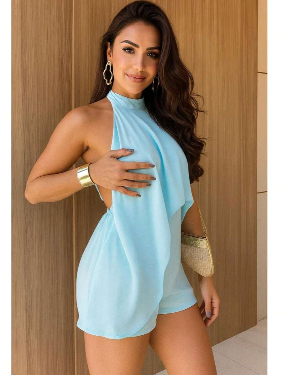 Elegant Women's One-Piece Jumpsuit With Neck Tie, Open Back, Duna Fabric, Summer Fashion Romper - 淺藍色 - 查看 1
