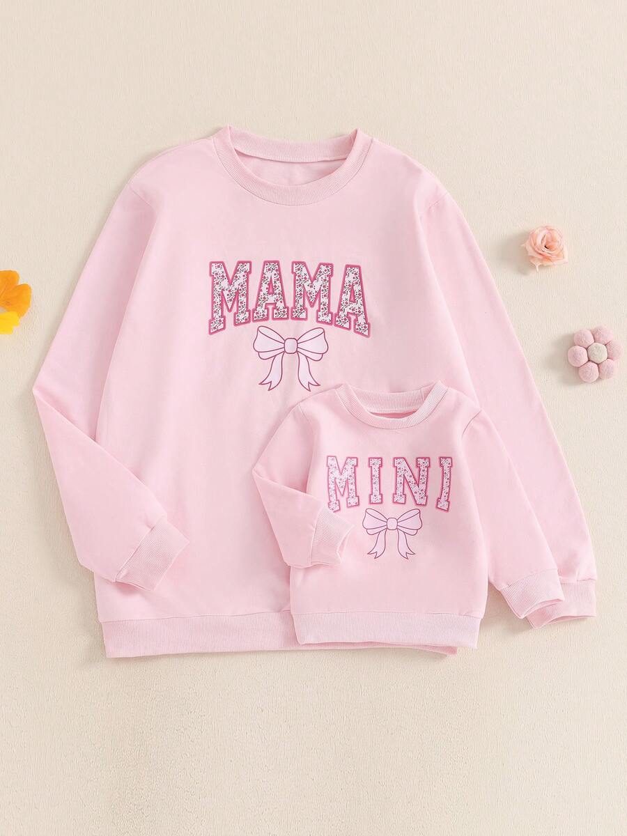 Mommy And Me Matching Outfits Mama And Mini Long Sleeve Crewneck Pullover Tops Mother Baby Sweatshirt Clothes - Pink - View 1