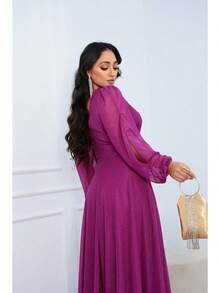Women's Long Aurora Tulle Dress With Shiny Long Sleeves - 玫瑰紅 - 查看 5