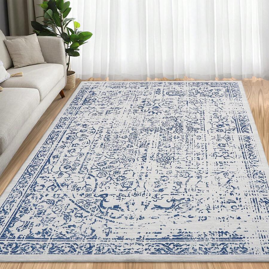 Vintage Distressed Floral Hallway Carpet Machine Washable Non-Slip Indoor Long Rug Throw RugLow Pile Rugs Floral Retro Ultra-Thin Carpet For Living Room Bedroom - Blue - View 1