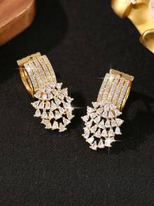 1pair Glamorous Water Drop Tassel Cubic Zirconia Earrings, Elegant Sparkling Bridal Earrings Accessories,Suitable For Wedding,Engagement Party Jewelry