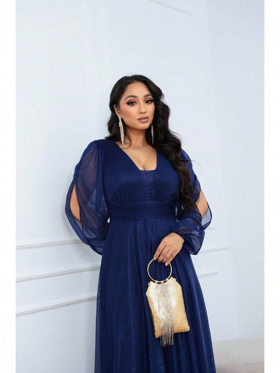 Women's Long Aurora Tulle Dress With Shiny Long Sleeves - 藏蓝色 - 查看 1