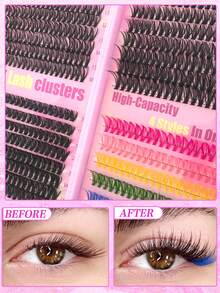 600Pcs Individual False Eyelash Clusters, Large Capacity, 9-16mm, 30D 40D 50D 30C, Colorful Cat Eye Lashes Available, Natural, Thickened, Volumizing Lashes, Comes With 1 Small Colorful Lash, Perfect For Beginners, Reusable, Ideal For Dinner Parties, Family Gatherings, Parties, Bars, And Dance Outfits - Đen+(Hồng,/cam/vàng/xanh lá/xanh dương/tím) (60 chiếc) - Xem 10