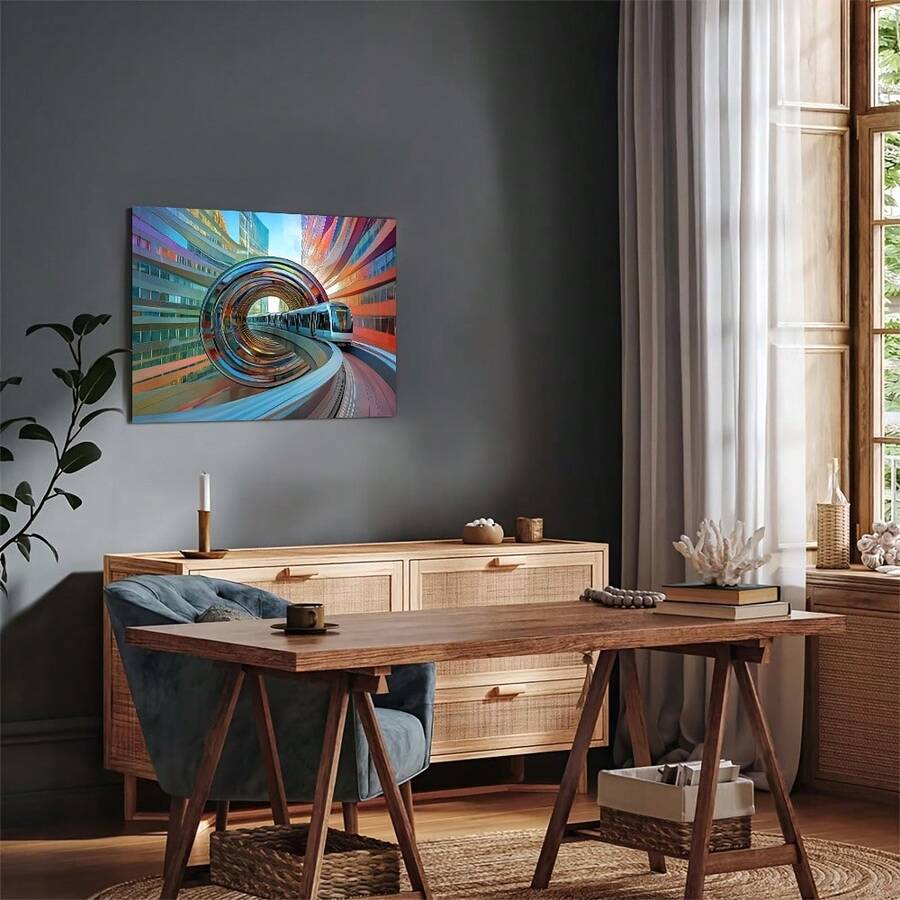 1PCS Modern Abstract City Train Canvas Wall Art, Dynamic Urban Landscape Print For Living Room, Colorful Futuristic Subway Home Decor, Contemporary Geometric Design Stretched Artwork - 彩色 - 查看 1