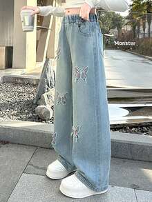 Tween 女童蝴蝶刺绣口袋松紧腰阔腿牛仔裤 - 藍色 - 查看 3