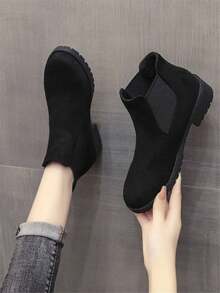 2.5" Platform Round Toe Ankle Boots, Black, Suitable For Sports And Casual Wear, 2025 Winter New Arrival, Retro British Style, Elastic Ankle, Short Boots, Thick Sole, Boots, Women's Ankle Boots, Warm And Comfortable Winter Footwear - Black - View 10