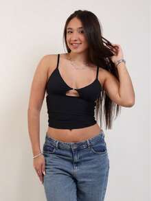 Cropped Tank Top With Plunging Neckline In Polyamide – Thin Straps And Cut-Out Detail | Sexy And Comfortable - 黑色 - 查看 1
