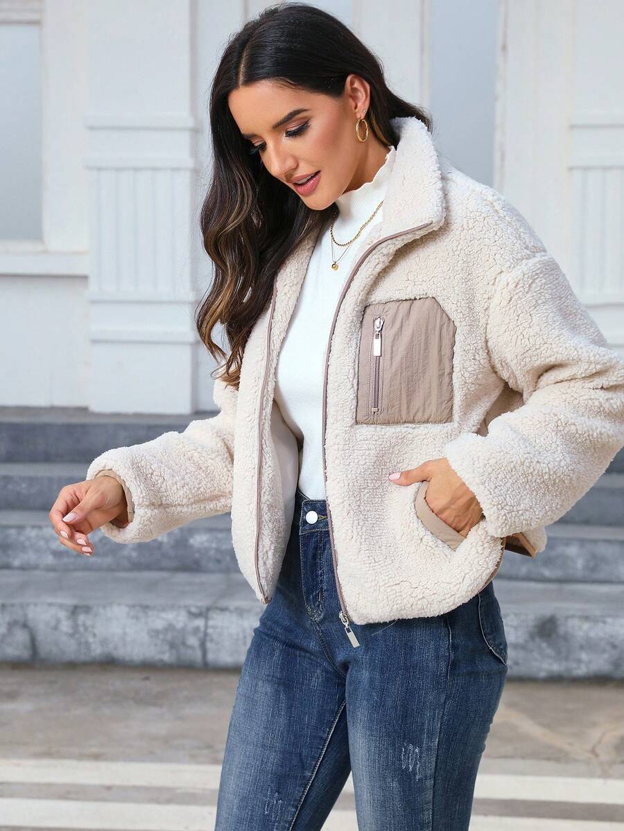 Women's Casual Everyday Faux Fur Jacket, Autumn/Winter - Beige - View 1