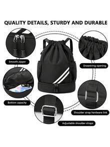 Large Capacity Drawstring Sports Backpack, Fashion Gym Bag With Inner Pocket, Waterproof Wear-Resistant Nylon Oxford Cloth Material, With Bottom Shoe Compartment And Side Mesh Pockets And Wide Drawstring School Bag, Suitable For Men And Women Football Basketball Travel Yoga Swimming Cycling Shoulder Bag Travel Bag - Black - View 2