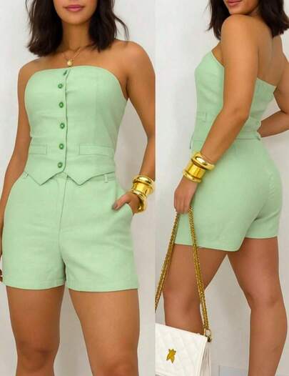 Conjunto Feminino Social Com Short E Blusa De Botões Tomara Que Caia Tendencia Verão 2026