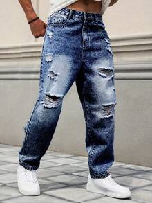 Roughcore Men's Loose Fit Distressed Washed Denim Jeans - Dark Wash - View 6