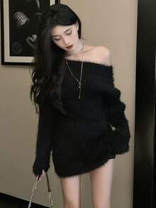 Autumn/Winter New Loose Knit Sweater Top, Solid Color - Black - View 5