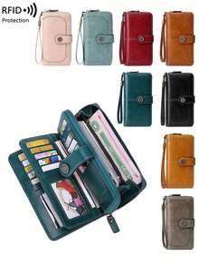 Large Capacity Tri-Fold Multi-Card Slot PU Solid Color Zipper And Wallet, Multi-Functional European And American Style Retro Women's Wallet, With Wrist Strap, Valentine's Day Wife Or Girlfriend, Women's Wallet, Long Wallet. - 彩色 - 查看 1