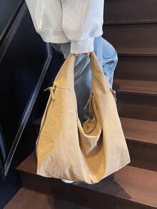 2025 New Khaki Nylon Fabric Bag, Large Capacity Solid Color Shoulder Bag, Casual Japanese Style Tote Bag, Versatile College Student Schoolbag, Minimalist Fashion Handbag, Short Trip Travel Bag, Double Zipper Side Pockets, Crescent-Shaped Bag - Màu Khaki - Xem 3