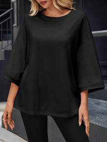 Womens 3/4 Bell Sleeve Oversized T Shirts Crewneck Casual Tunic Tops Loose Fit Fall  Tees - Black - View 2
