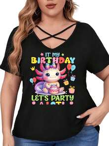 Happy Birthday Axolotl With Cake And Balloons Womens Short Sleeve V Neck Criss Cross T-Shirt Plus Size - màu đen - Xem 1