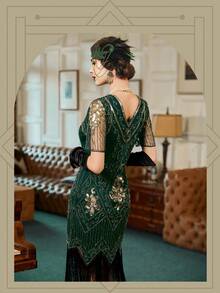 Plus Size XXXL Women's Flapper Dresses 1920s Fringed Sequin Great Gatsby Dress With 20s Accessories -Roaring 20s Costumes - 綠色 - 查看 3