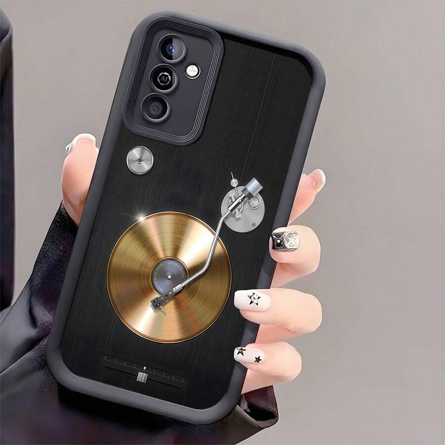 1pc Vinyl Record Shaped Shockproof Phone Case, Thick Anti-Slip Protective Cover Compatible With IPhone, Compatible With Honor, Compatible With Redmi, - Black - View 1