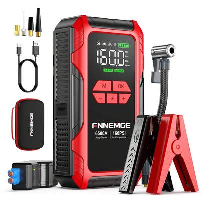 FNNEMGE Arrancador de Coches 6500A 26800mAh con 160PSI Compresor de Aire, Arrancador Batería Coche (para Todos los vehículos de Gasolina o de 10,0L de diésel), con Salida USB, 2 Luz LED, Pantalla HD.