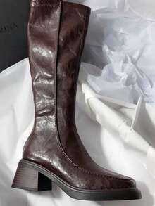 秋冬新款方头粗跟过膝弹力长靴，显瘦百搭时尚靴 - 棕色 - 查看 5